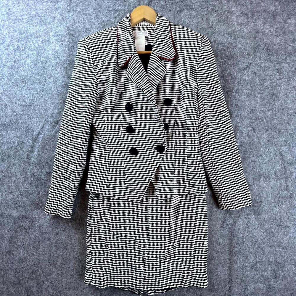 Vintage Ann Taylor 2 Piece Skirt Suit Womens Jacket 2 Skirt 0 Black White USA